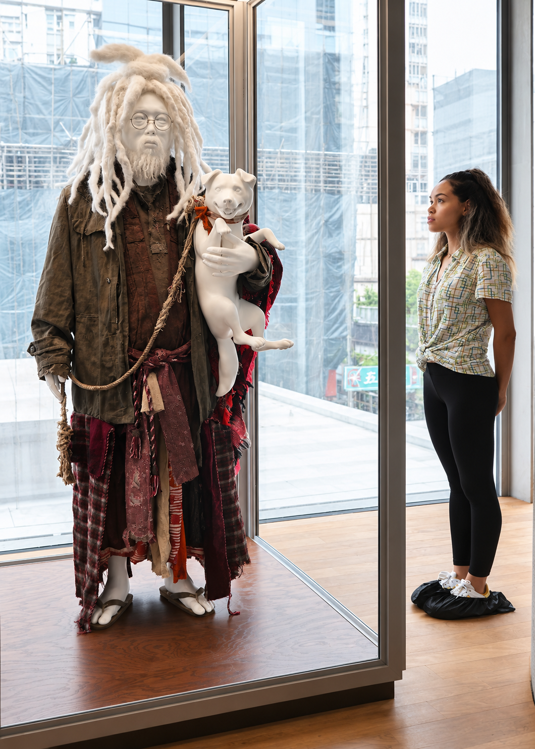Rosi Ross exploring the MURAKAMI vs MURAKAMI exhibition at Tai Kwun Contemporary in Hong Kong, featuring a life-size Takashi Murakami sculptural installation and Japanese contemporary pop art displayed inside the gallery.