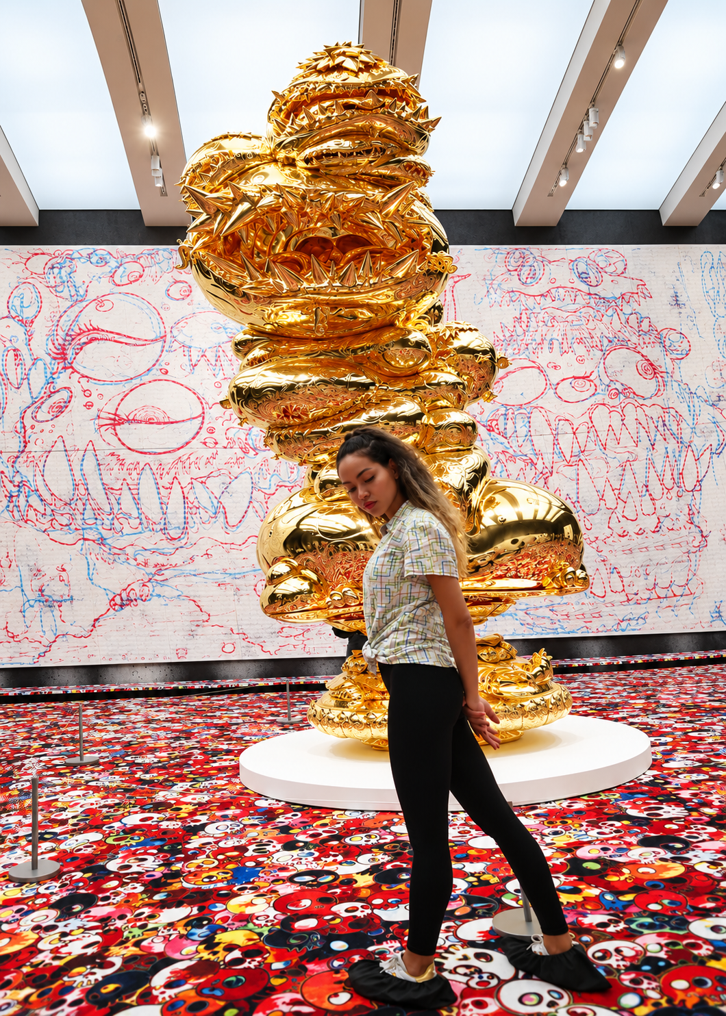 Takashi Murakami skull motif painting displayed at Tai Kwun Contemporary in Hong Kong, featuring densely arranged multicolored skulls, intricate patterns, and vibrant Japanese Superflat pop art imagery.