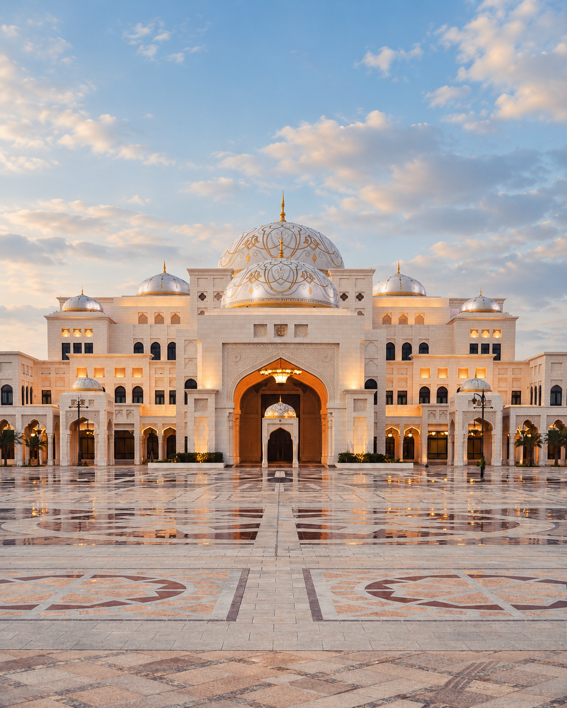 Grand exterior of Qasr Al Watan Presidential Palace in Abu Dhabi at sunset, featuring a monumental central dome, symmetrical cream-colored fa&ccedil;ades, ornate entrance arches, and an expansive patterned marble courtyard.