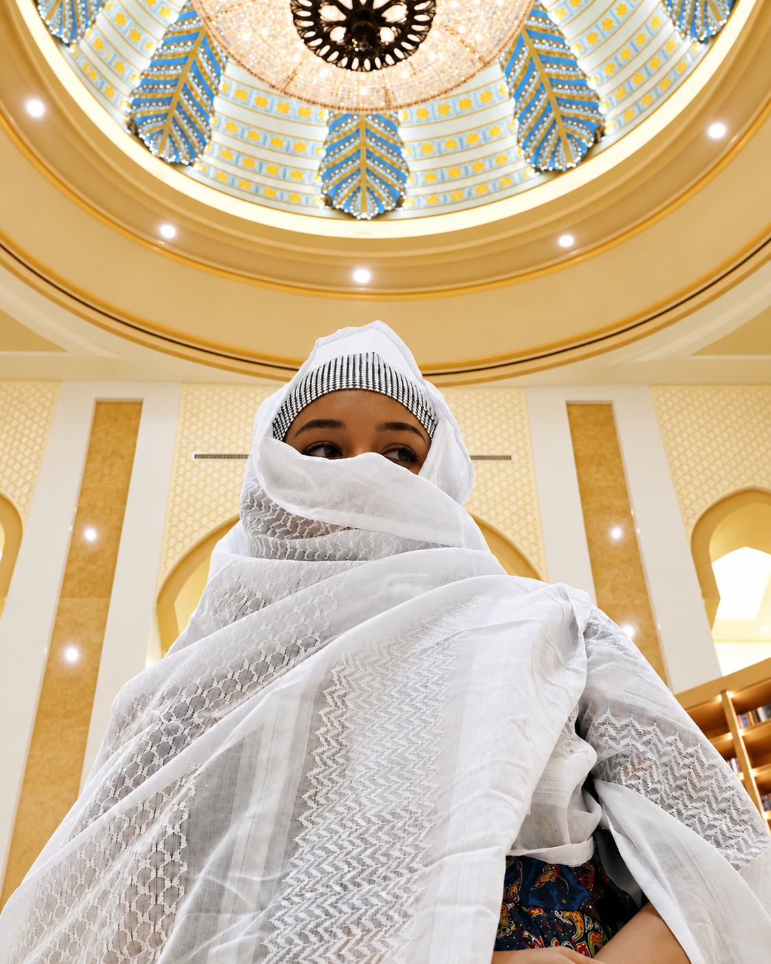 Rosi Ross taking a travel selfie inside Qasr Al Watan Presidential Palace in Abu Dhabi, wearing a white headscarf covering her hair and lower face, with ornate gold ceiling details and grand Arabian arches in the background.