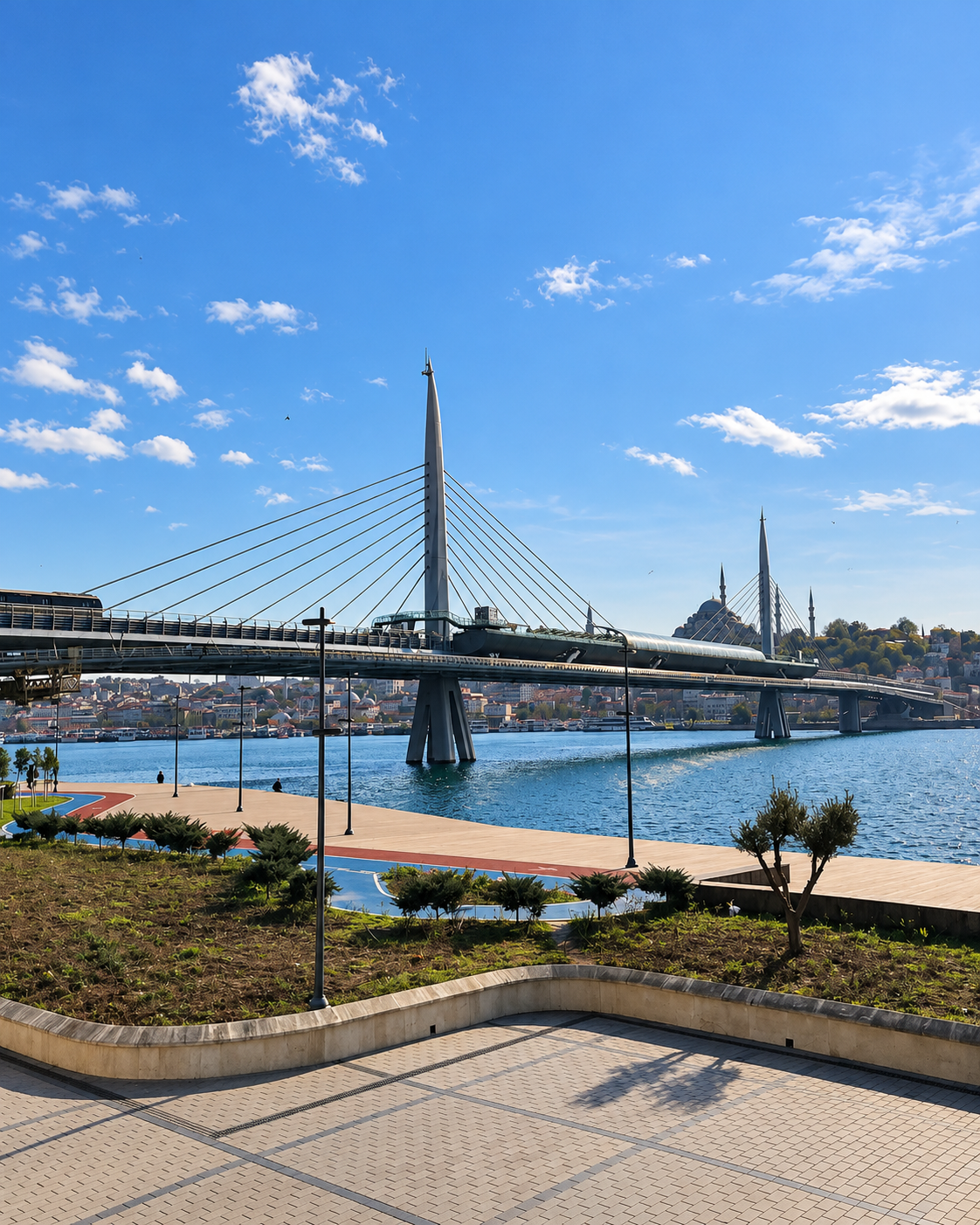 Panoramic view of the Golden Horn in Istanbul, featuring a modern cable-stayed bridge, blue waterfront, historic mosque minarets, and the city skyline beneath a bright blue sky.