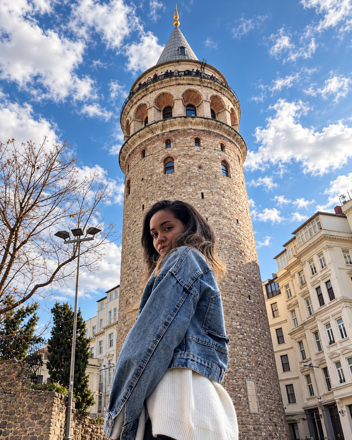 Rosi Ross wearing a light blue denim jacket and white trousers while posing beneath the historic cylindrical stone Galata Tower in Istanbul, framed by surrounding buildings and a partly cloudy sky.