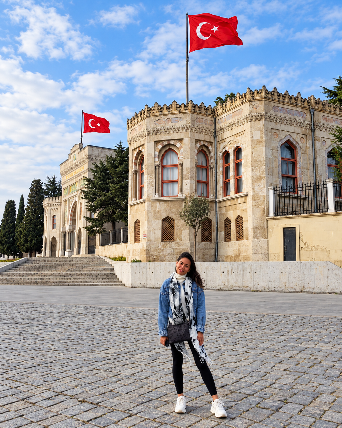 Rosi Ross standing in a cobblestone square in Istanbul, wearing a denim jacket, patterned scarf, and dark trousers, with a historic stone building and Turkish flags in the background.