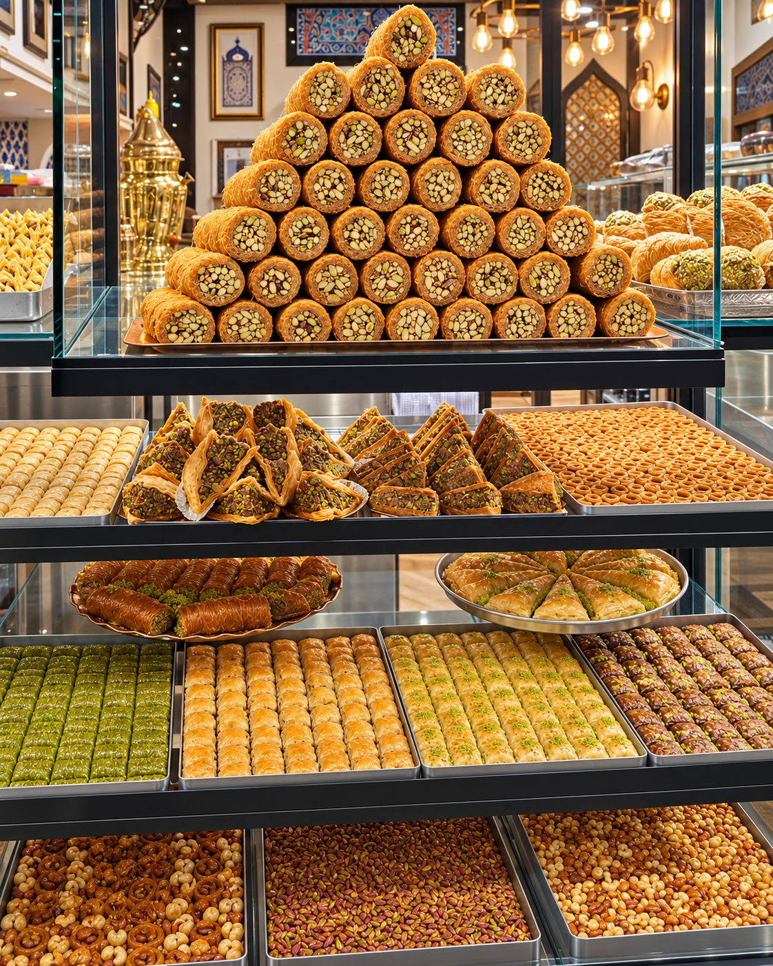 Traditional Turkish pastry shop in Istanbul displaying trays of golden baklava, rolled pastries, and layered phyllo desserts arranged behind a glass counter.