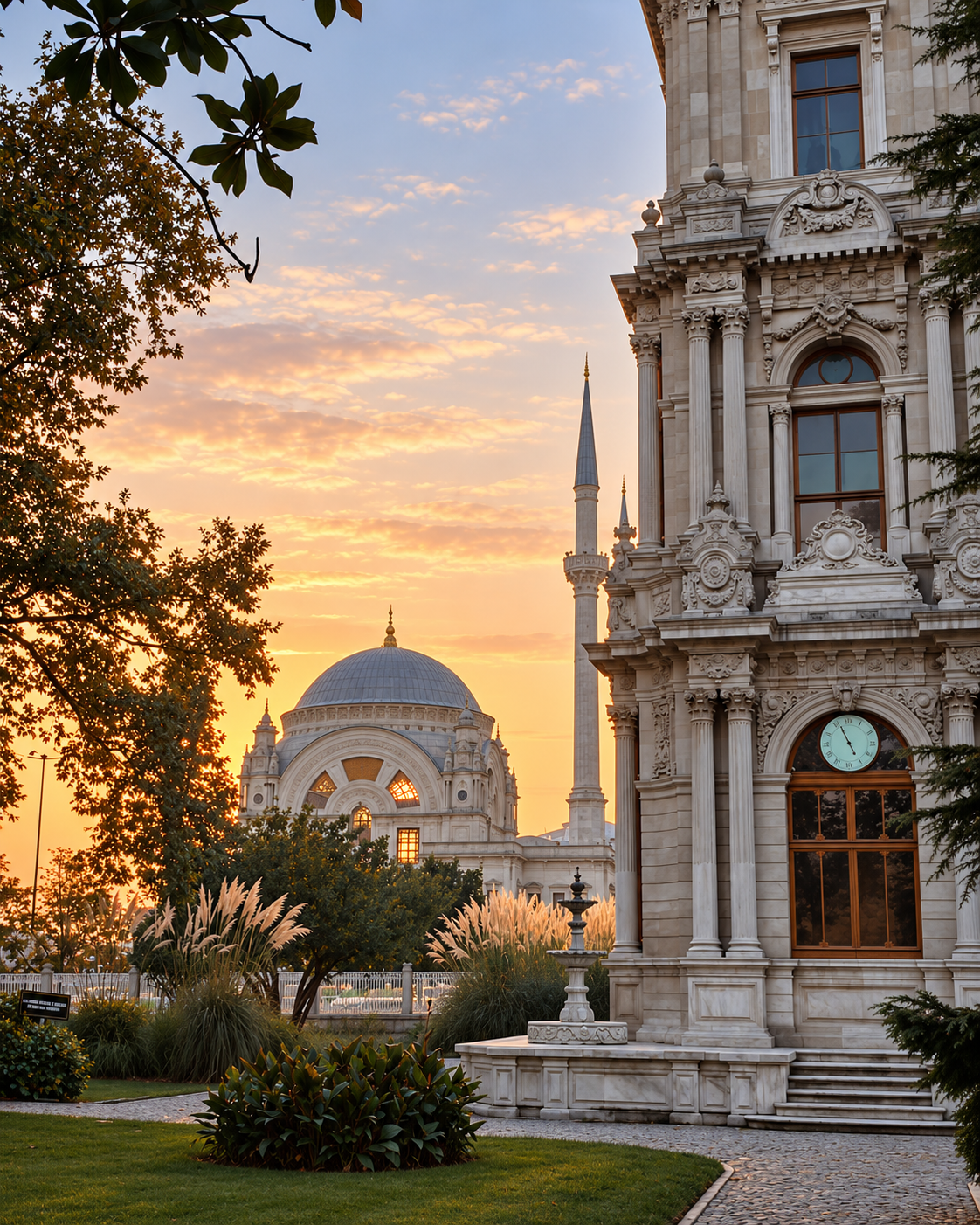 Ornate stone architecture at Dolmabah&ccedil;e Palace in Istanbul during sunset, with decorative columns and carved fa&ccedil;ades framing a distant domed building and minaret beneath a warm golden sky.