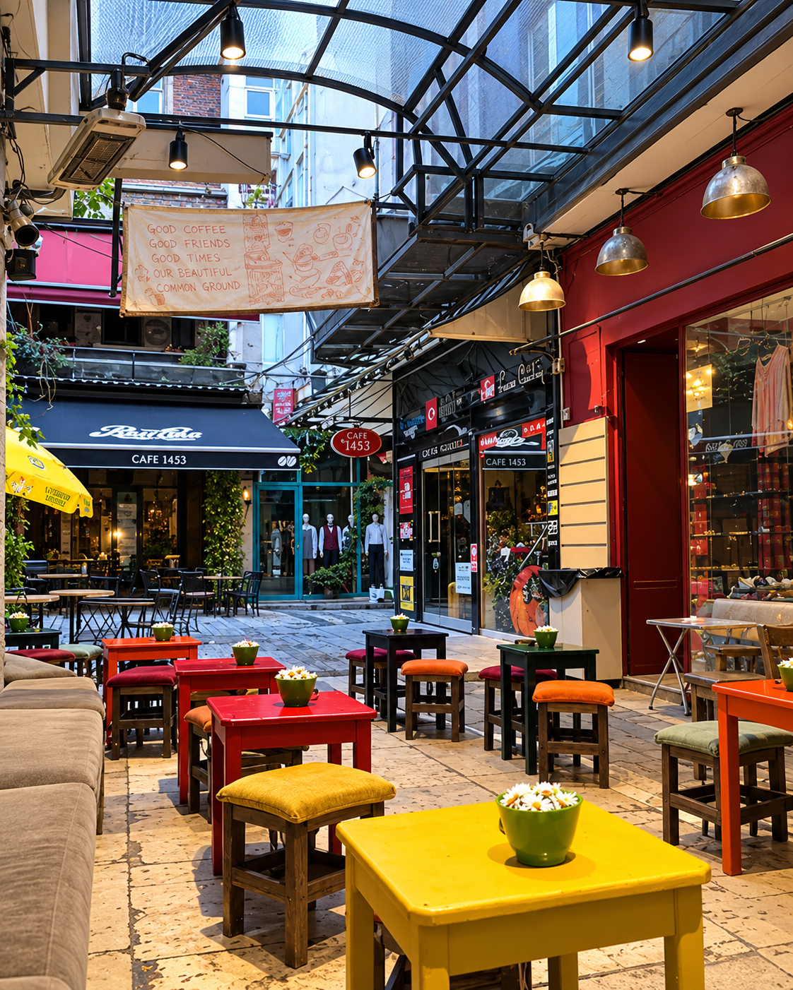 Galata Colorful Outdoor Café with Vibrant Tables and Charming Courtyard Atmosphere Colorful pedestrian street in Istanbul's Galata neighborhood, featuring outdoor café tables, bright yellow and red seating, traditional storefronts, and lively urban architecture.