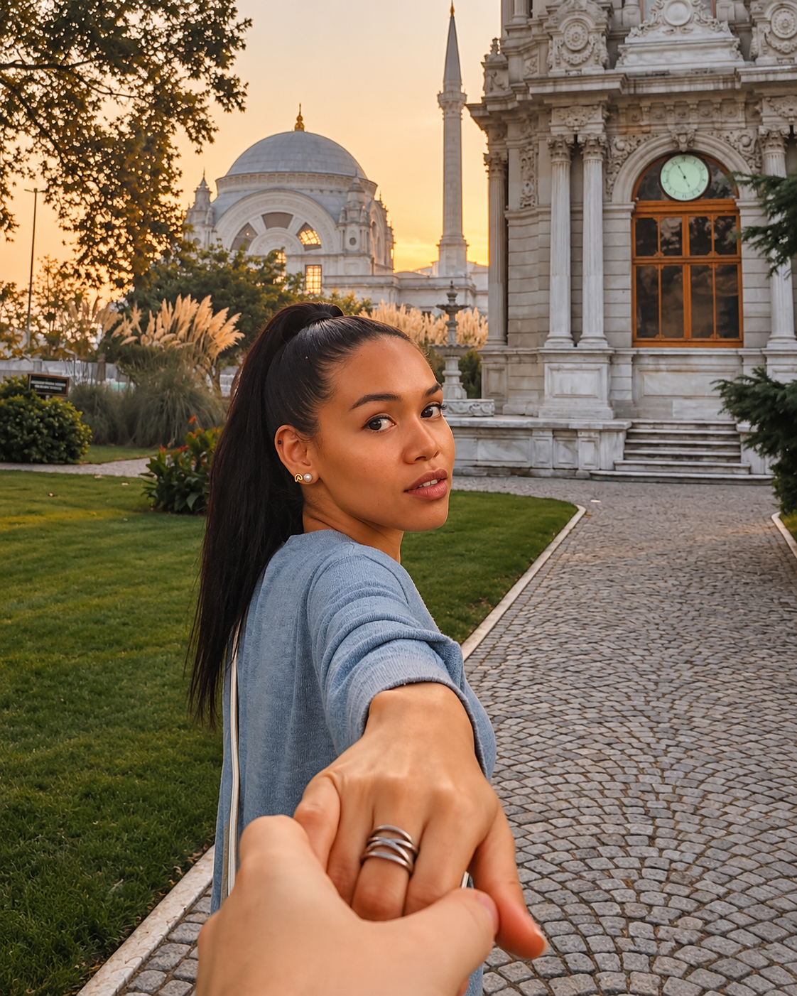 Rosi Ross looking over her shoulder while extending her hand toward the camera in the gardens of Dolmabah&ccedil;e Palace, Istanbul, wearing a light blue dress with an ornate historic palace fa&ccedil;ade in the background.