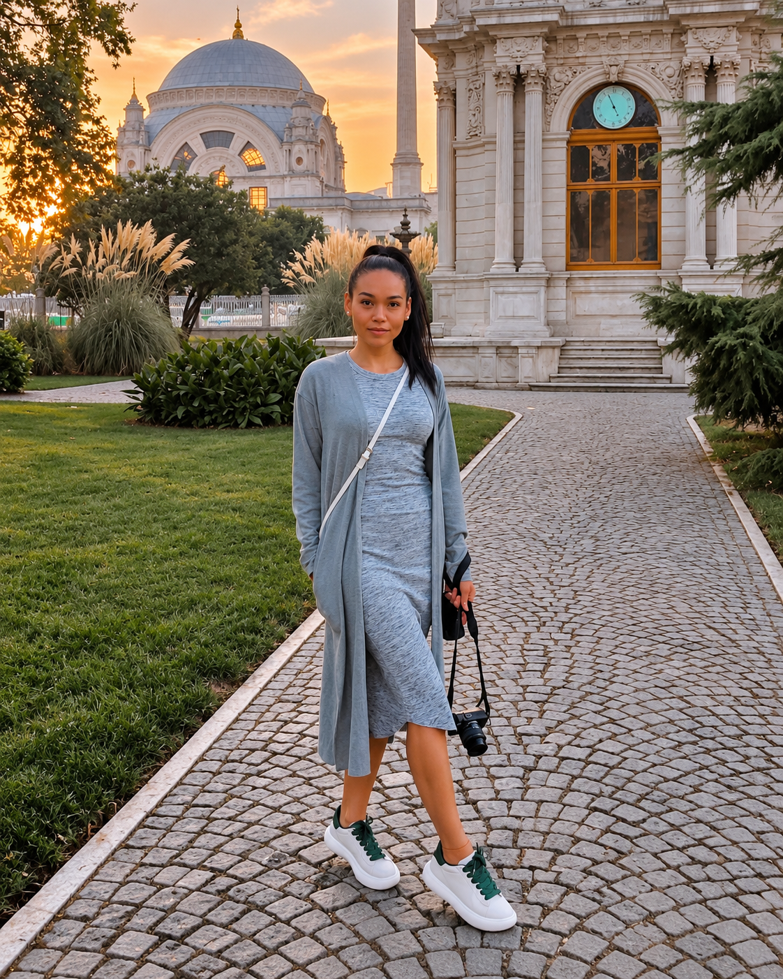 Rosi Ross walking along a cobblestone pathway in the gardens of Dolmabah&ccedil;e Palace, Istanbul, wearing a light blue midi dress and white sneakers, surrounded by manicured lawns and ornate palace architecture.