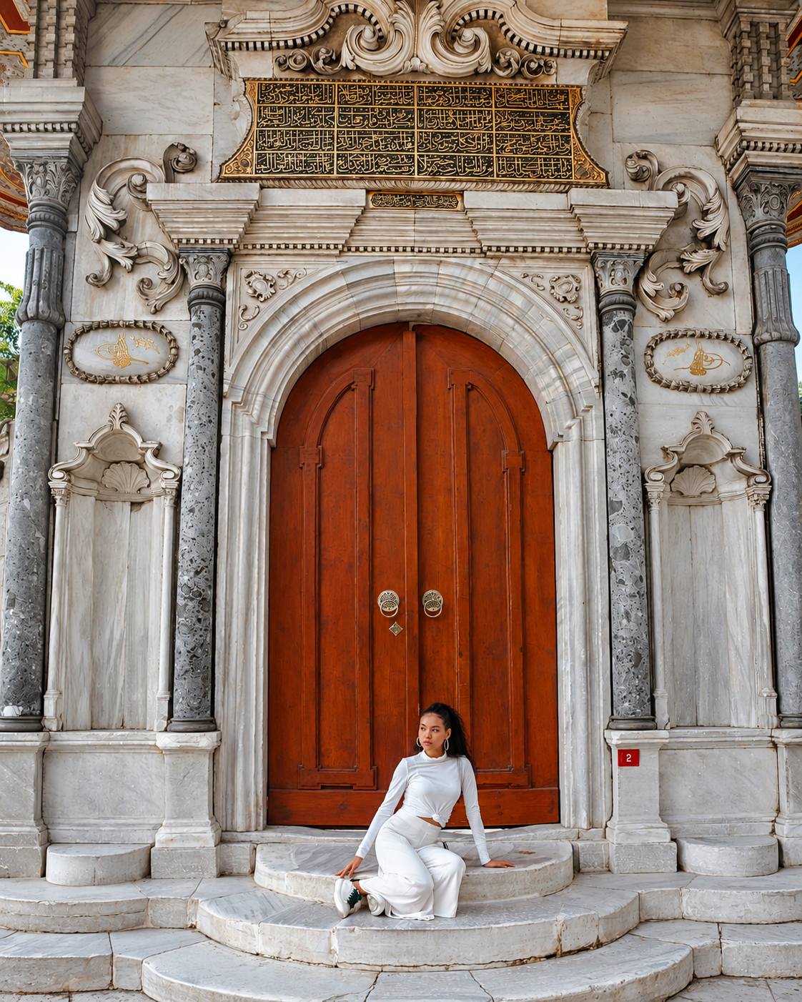 Rosi Ross Travel Portrait at an Ornate Ottoman Marble Entrance with Historic Wooden Doors in Istanbul Rosi Ross wearing a white outfit while seated on the steps of an ornate historic stone entrance in Istanbul, featuring a tall arched wooden door and elaborate carved architectural details.