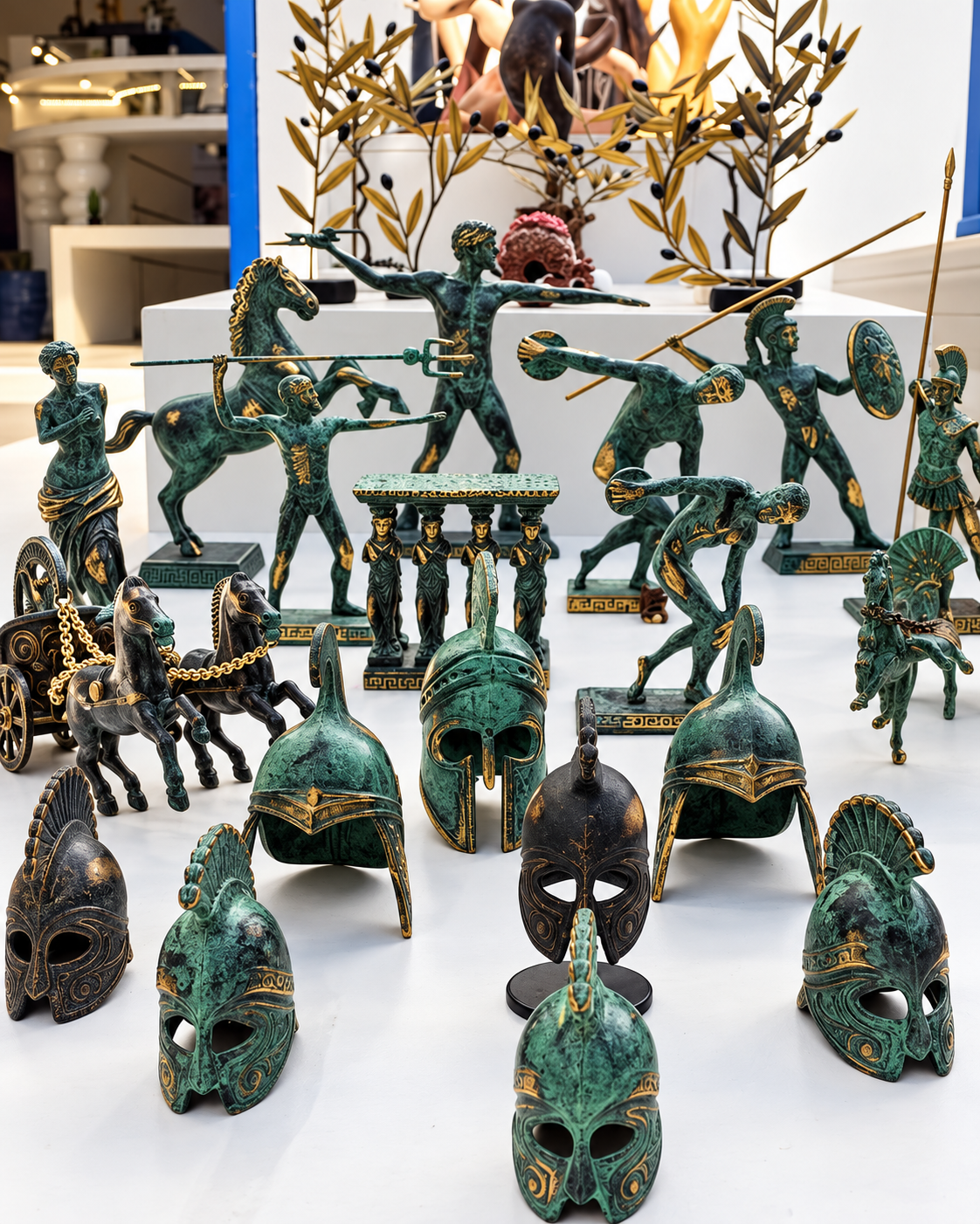 Collection of bronze-green Greek-inspired figurines displayed on a white surface, featuring miniature warriors, horses, and mythological figures with intricate sculptural details.