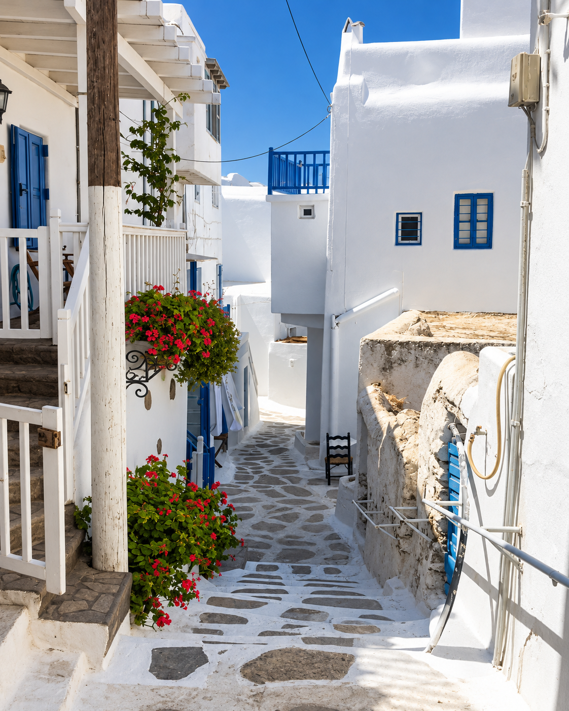 Picturesque narrow alleyway in Mykonos, Greece, featuring whitewashed Cycladic buildings, blue window shutters, colorful flowering plants, and traditional stone-paved streets.