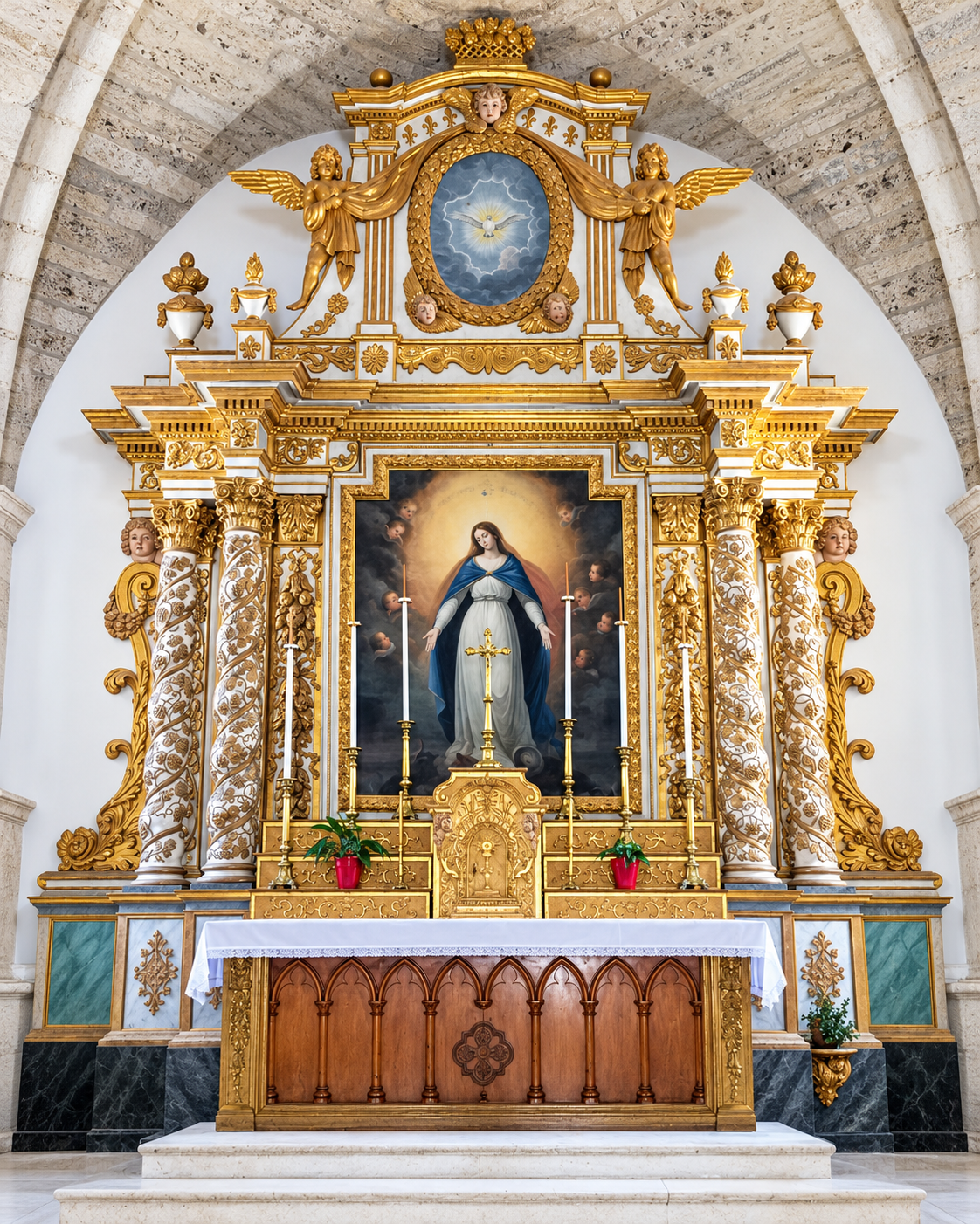Ornate gilded church altar in Naxos, Greece, featuring a central religious icon, elaborate gold decorative carvings, white stone arches, and traditional sacred artwork.