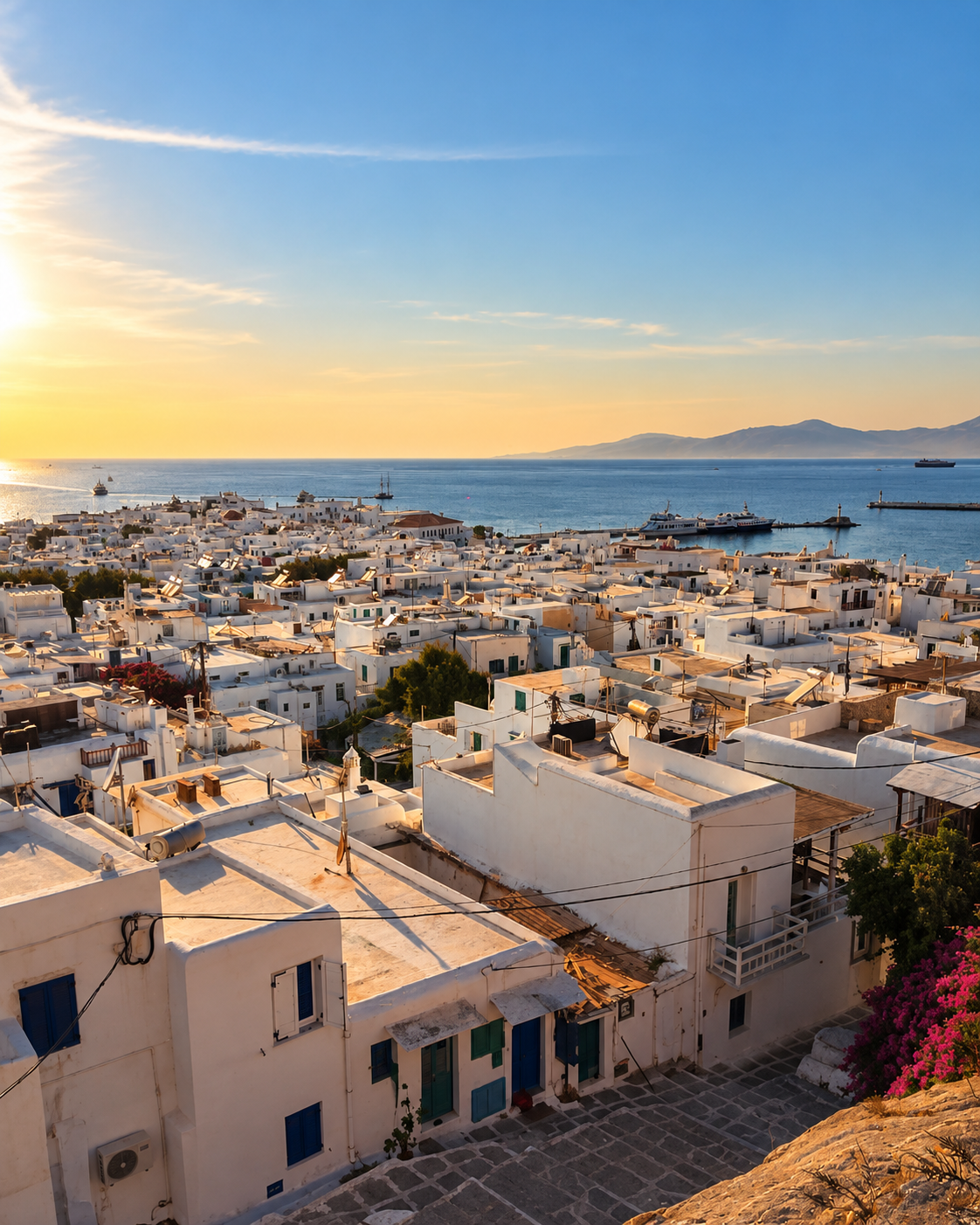 Panoramic elevated view of Naxos, Greece, featuring densely packed whitewashed Cycladic buildings, traditional rooftops, the Aegean Sea, and a golden sunset over the coastal horizon.