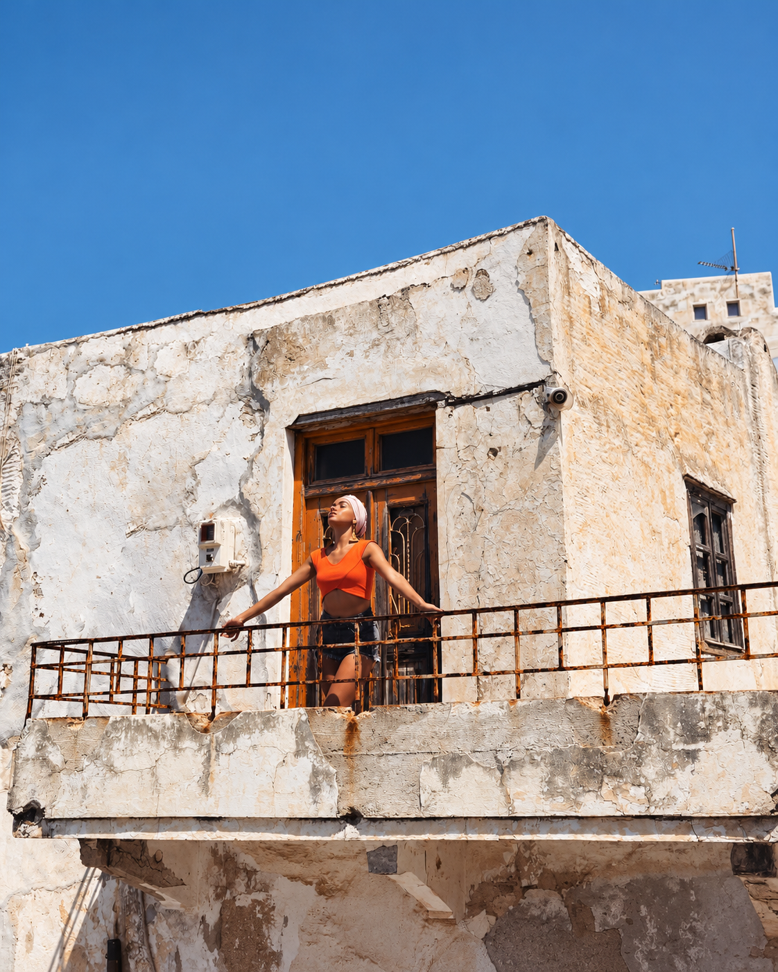 Rosi Ross wearing an orange top and denim shorts, standing on an exterior balcony beside a weathered stone building at the Archaeological Museum of Naxos, Greece.