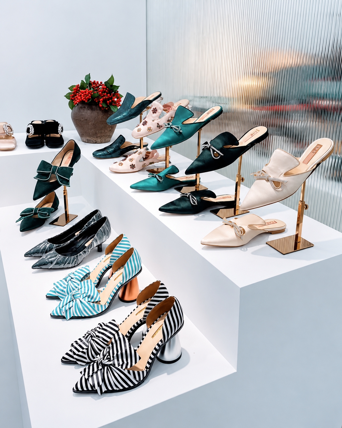 Close-up of LABER THREE footwear displayed on white exhibition platforms at Ontimeshow during Shanghai Fashion Week, featuring contemporary heels, sandals, and statement shoe designs.