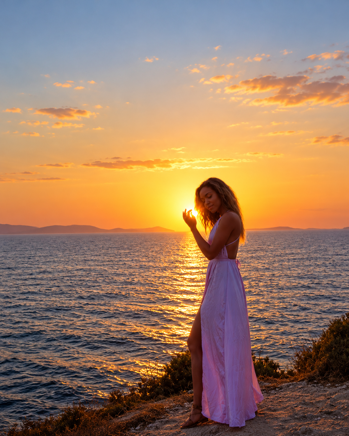 Rosi Ross standing on a rocky Mediterranean coastline in a lavender dress, silhouetted against a golden sunset reflecting across the sea.