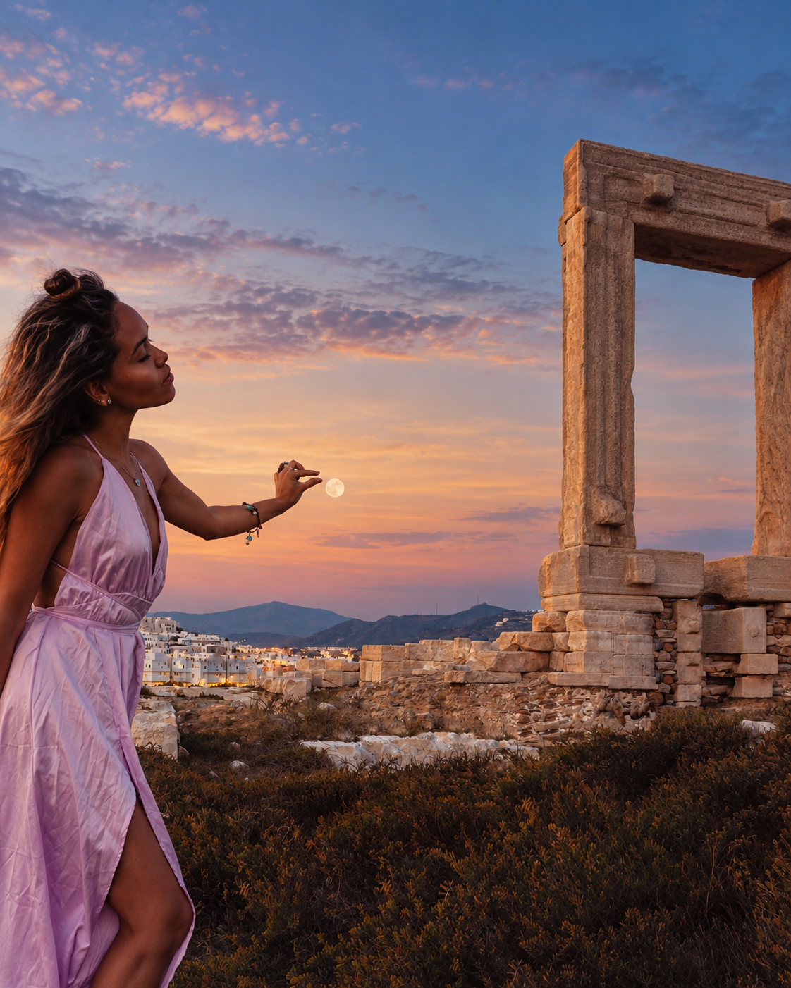 Rosi Ross wearing a flowing lavender dress beside an ancient stone doorway overlooking a Mediterranean coastal landscape at sunset, with mountains and pastel skies in the background.