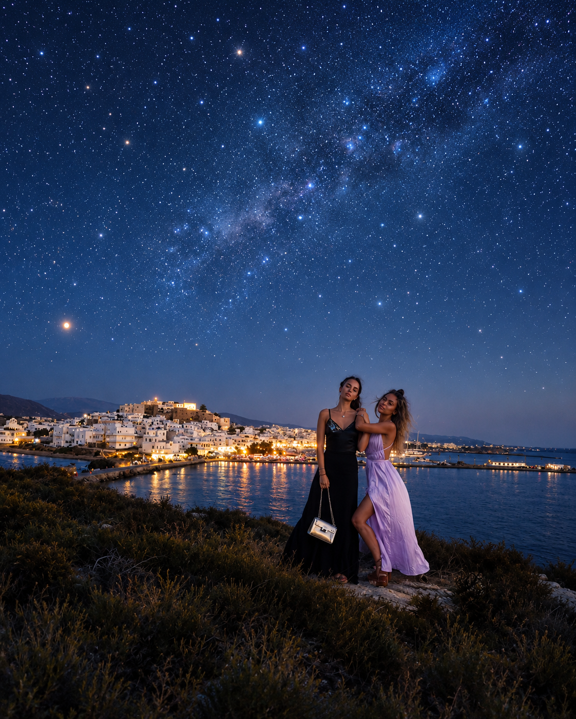 Rosi Ross and Vasi standing together on a coastal viewpoint at night, overlooking illuminated Mediterranean buildings and calm waters beneath a star-filled sky.