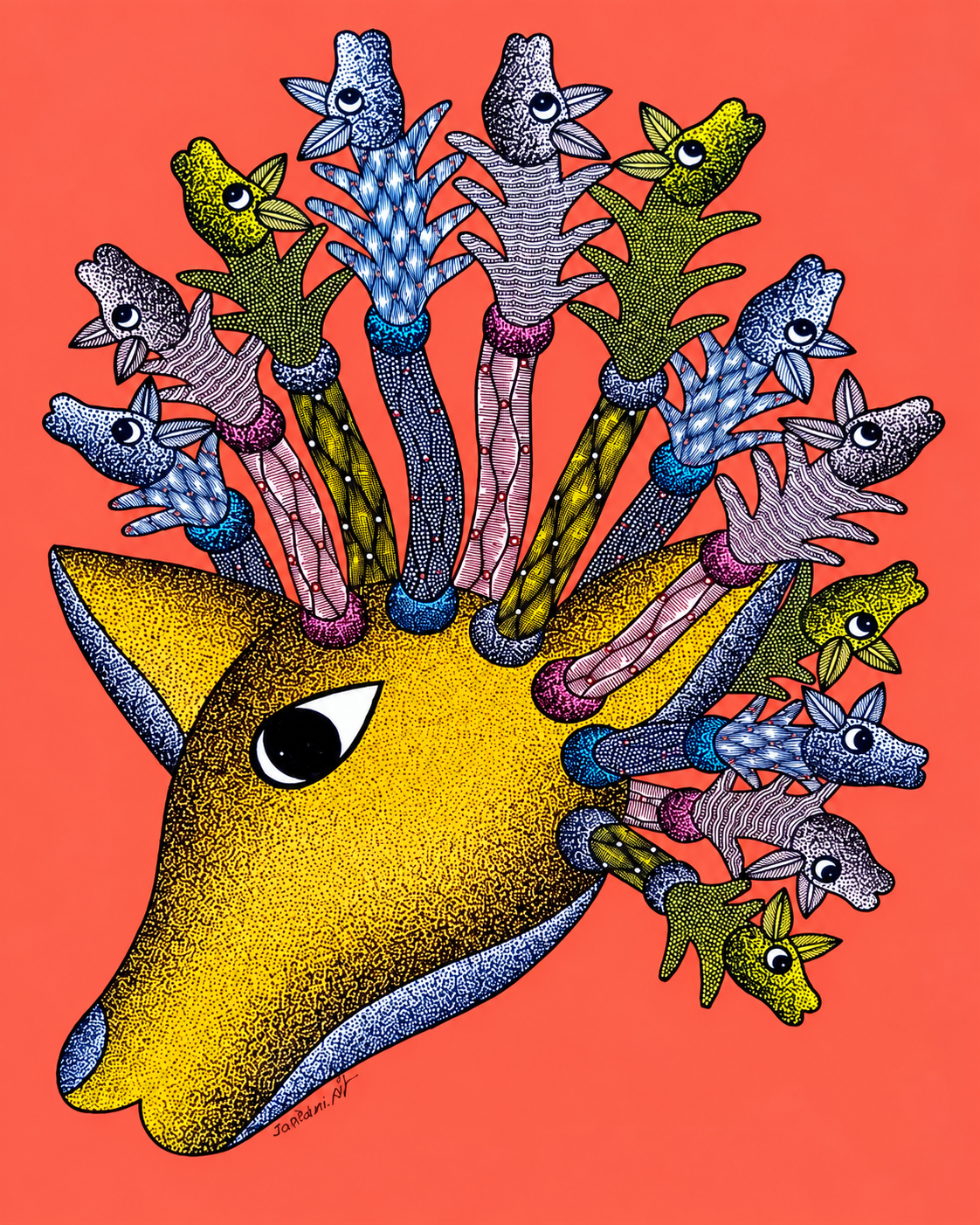 Tales of Silk coral artwork featuring a golden deer with branching antlers filled with colorful birds, flowers, and botanical details in blue, purple, orange, and green.