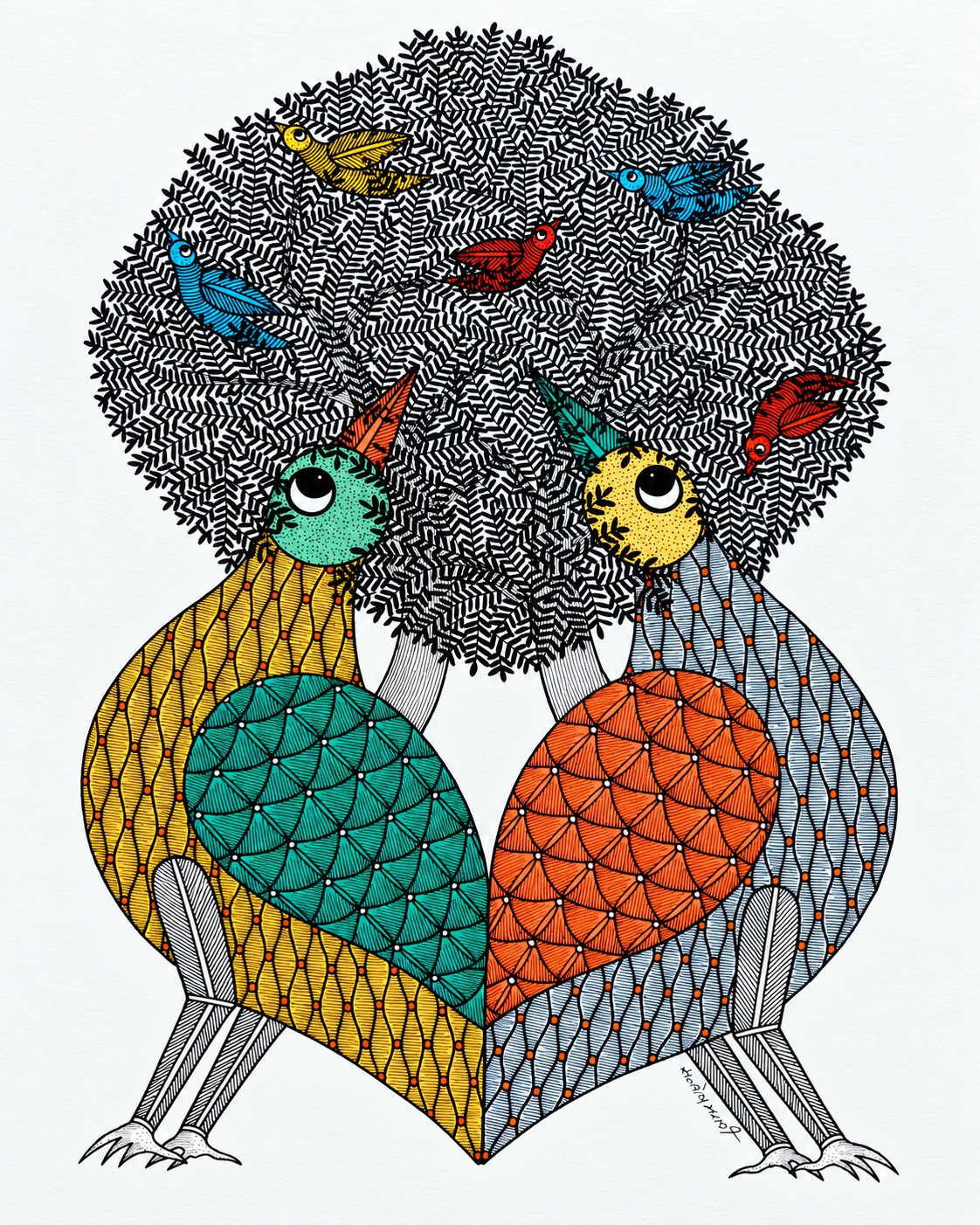Tales of Silk illustration featuring two symmetrical, multicolored birds with intricate geometric patterns beneath a textured grey Tree of Life canopy, combining folk art and wildlife symbolism.