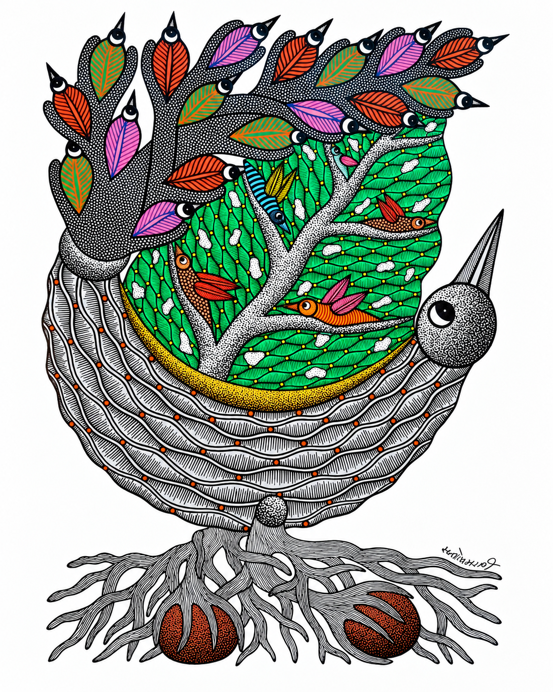 Tales of Silk illustration featuring a grey bird with a long pointed beak beside a twisted tree trunk, surrounded by green foliage, colorful flowers, and intricate nature-inspired patterns.