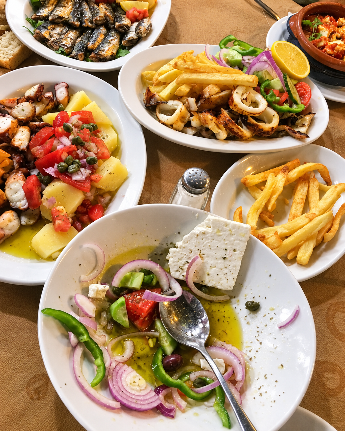 Traditional Greek meal featuring Greek salad with tomatoes, cucumbers, olives, and feta cheese, accompanied by French fries, grilled vegetables, and other Mediterranean dishes.