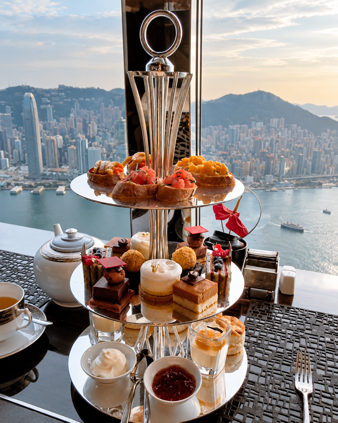 Afternoon tea at Ozone at The Ritz-Carlton Hong Kong overlooking Victoria Harbour and the Hong Kong skyline.