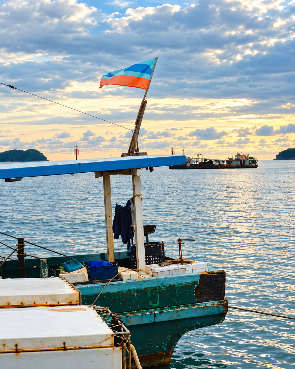Boat at sunset near Mari Mari Lodge on Mantanani Island, Sabah, Malaysian Borneo, surrounded by calm tropical waters.