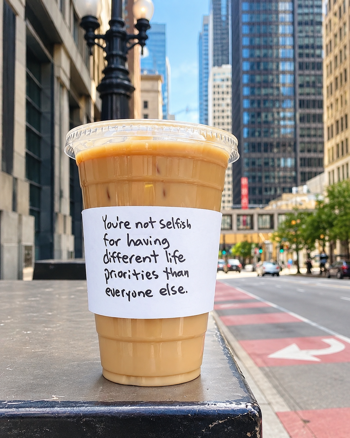 Starbucks iced coffee photographed on a street in Central, Hong Kong, with a handwritten message on the cup and skyscrapers in the background.