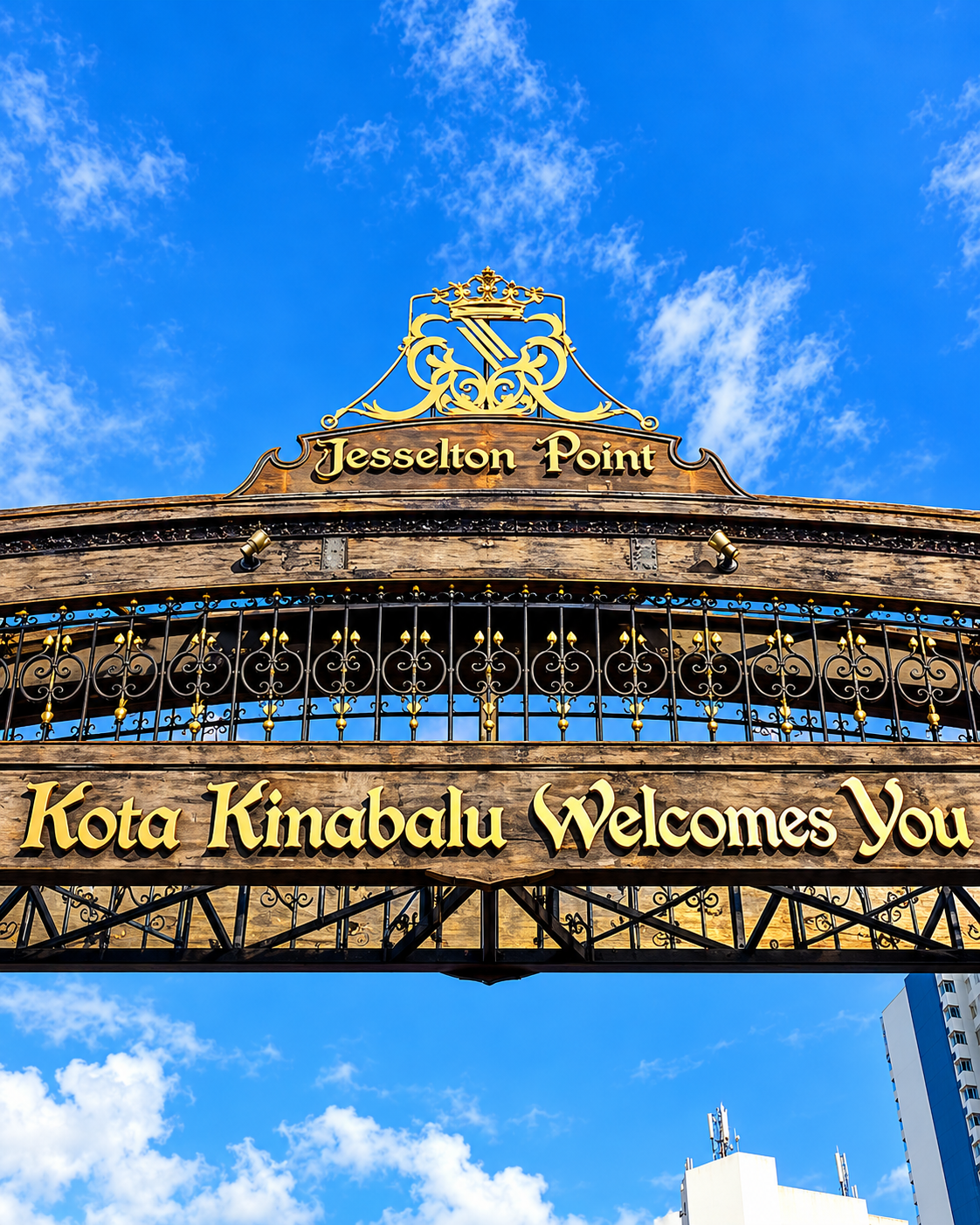 Kota Kinabalu welcome sign in Sabah, Malaysian Borneo, marking the entrance to the coastal capital and tropical travel destination.
