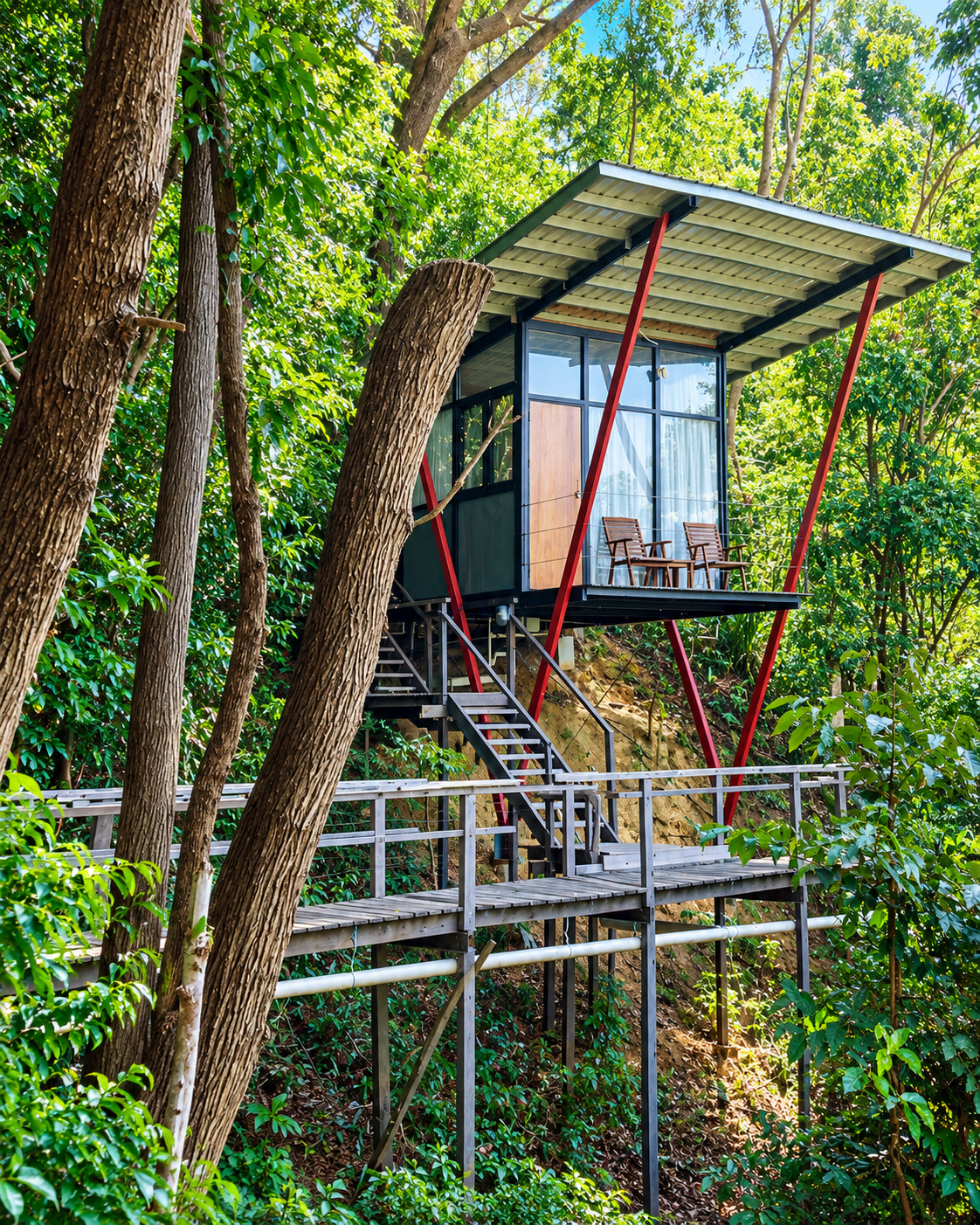 Elevated lodge rooms surrounded by tropical forest at Mari Mari Lodge on Mantanani Island, Sabah, Malaysia.