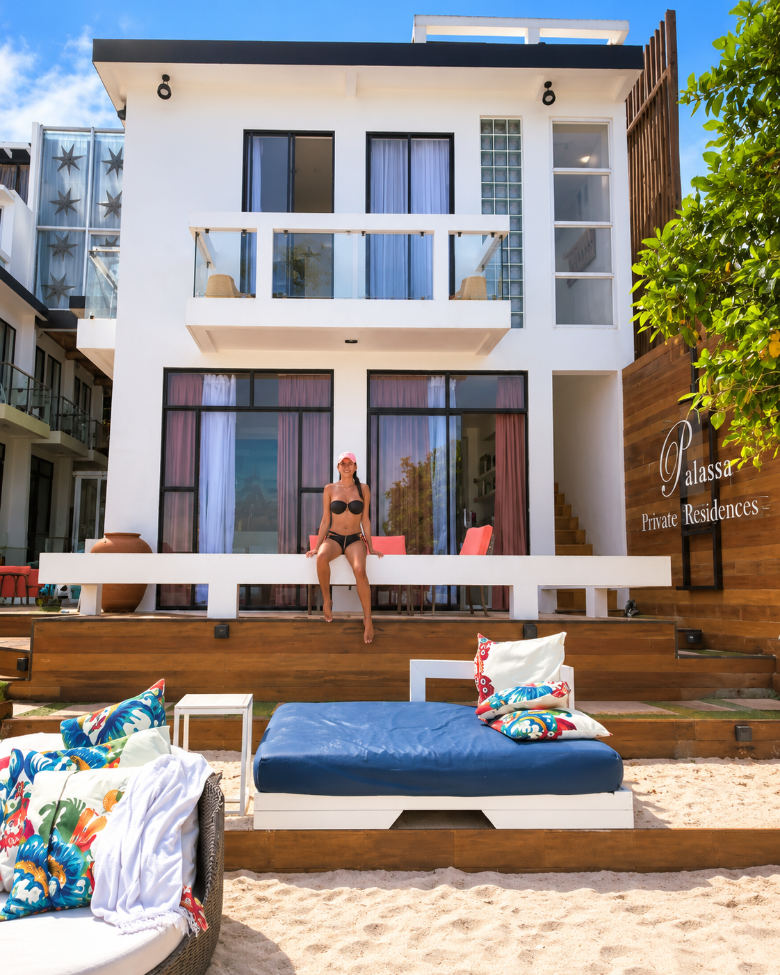 Rosi Ross enjoying a beachfront resort in Boracay, Philippines, during a tropical island getaway.