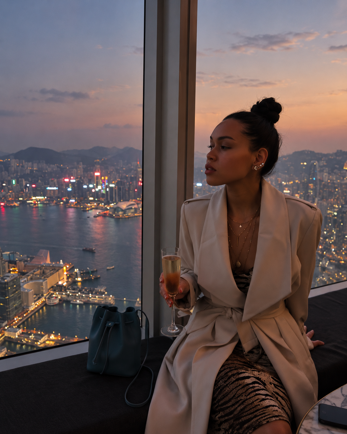 Rosi Ross enjoying an afternoon at Ozone at The Ritz-Carlton Hong Kong with panoramic views over Victoria Harbour and the Hong Kong skyline.
