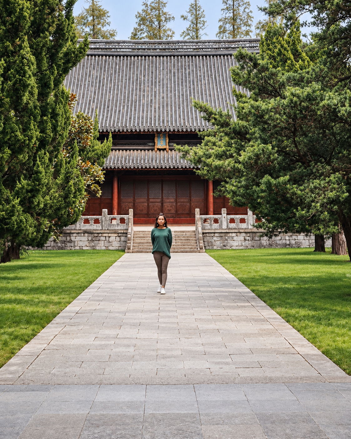 Rosi Ross visiting Jiading Confucian Temple in Shanghai, standing before a historic Chinese hall surrounded by mature trees and traditional stone terraces.