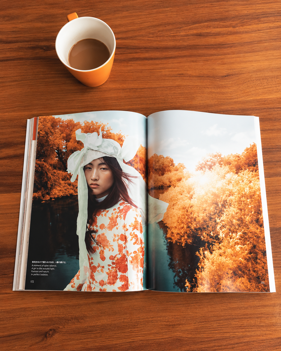 Open fashion magazine featuring an editorial portrait surrounded by autumn foliage, representing Rosi Ross&rsquo;s inspiration from fashion photography and visual storytelling.