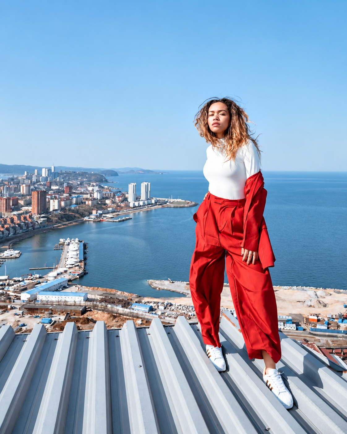 Rosi Ross wearing Adidas during a rooftop fashion shoot overlooking the sea and skyline of Vladivostok, Russia.