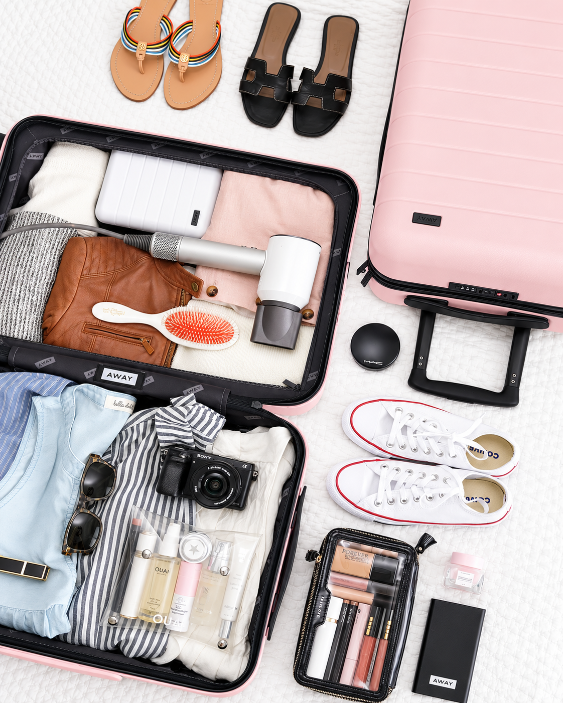 Rosi Ross smart packing system for travel beauty essentials, combining compact skincare, makeup, accessories, and organized luggage.