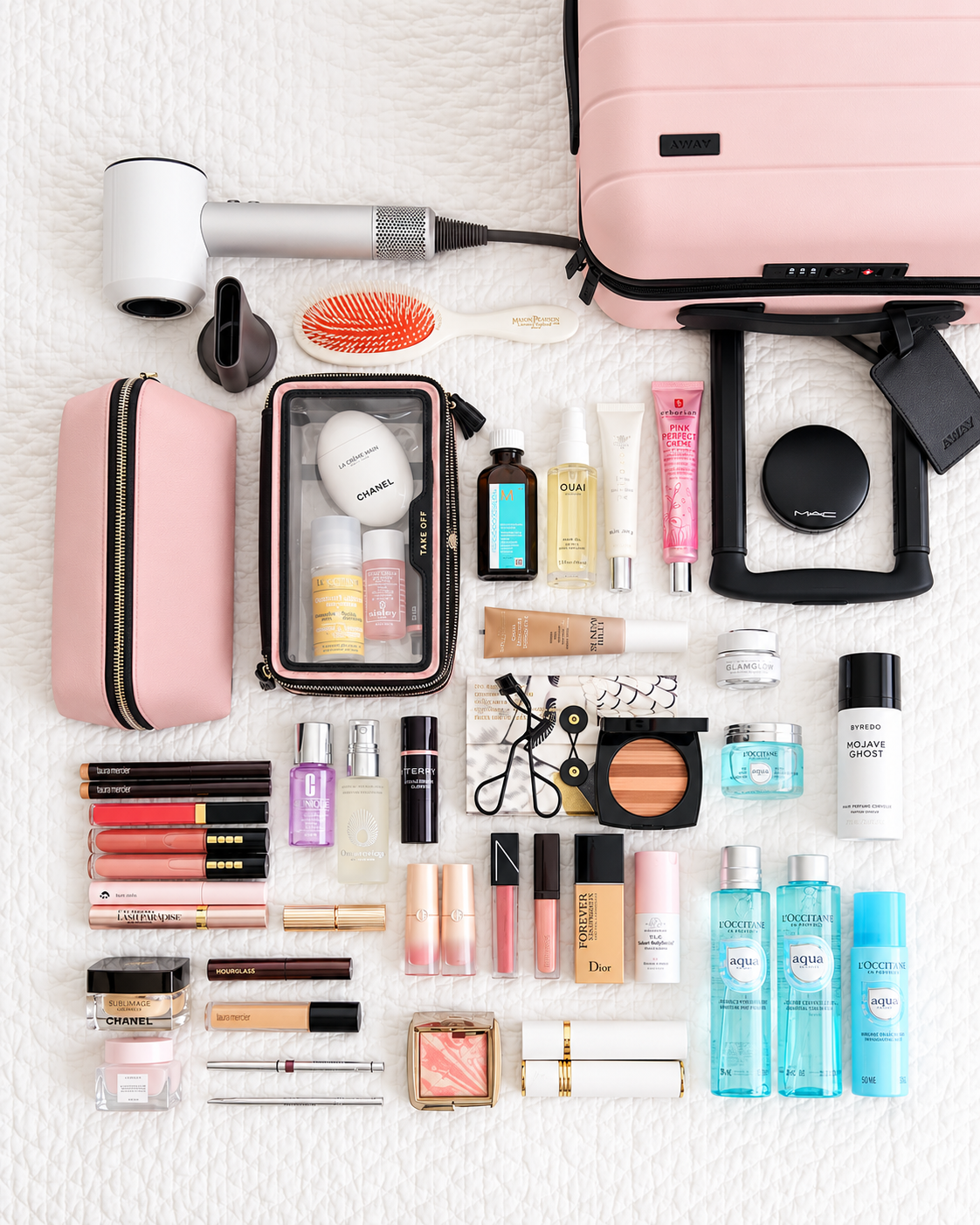 Rosi Ross streamlined travel beauty collection featuring organized skincare, makeup, and beauty essentials for minimalist packing.