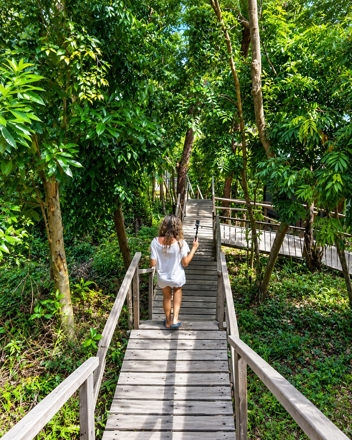 Rosi Ross walking along a wooden pathway through the tropical forest at Mari Mari Lodge on Mantanani Island, Sabah, Malaysia.