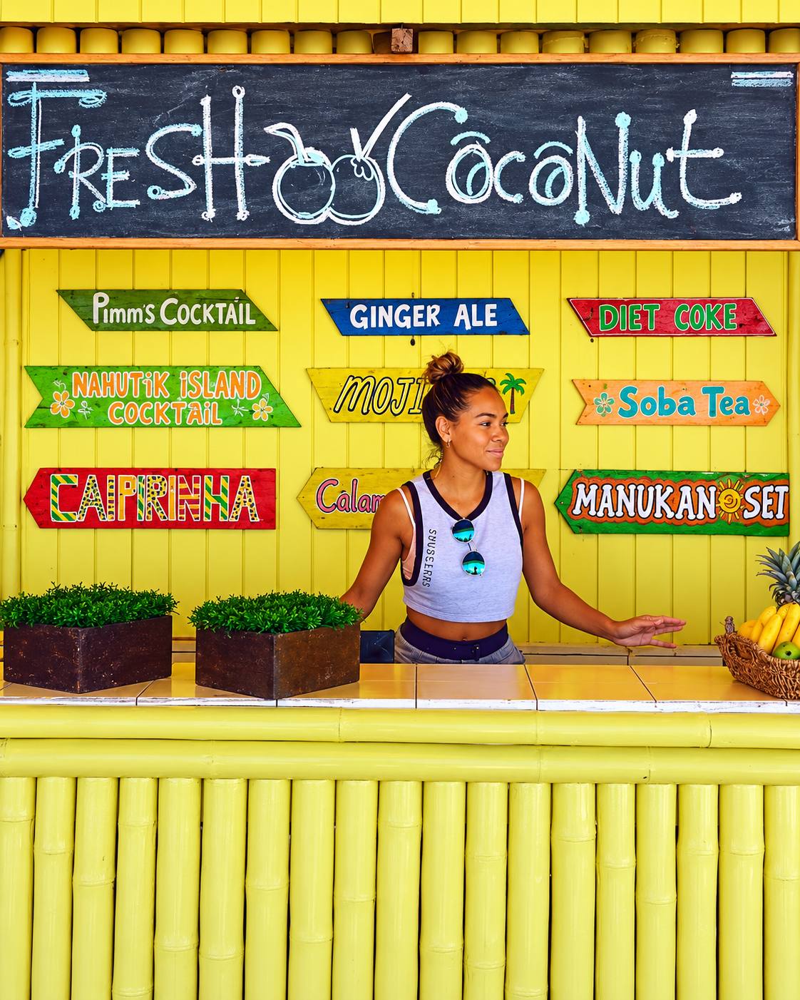 Rosi Ross exploring a colorful local food and drinks stand in Sabah, Malaysian Borneo.