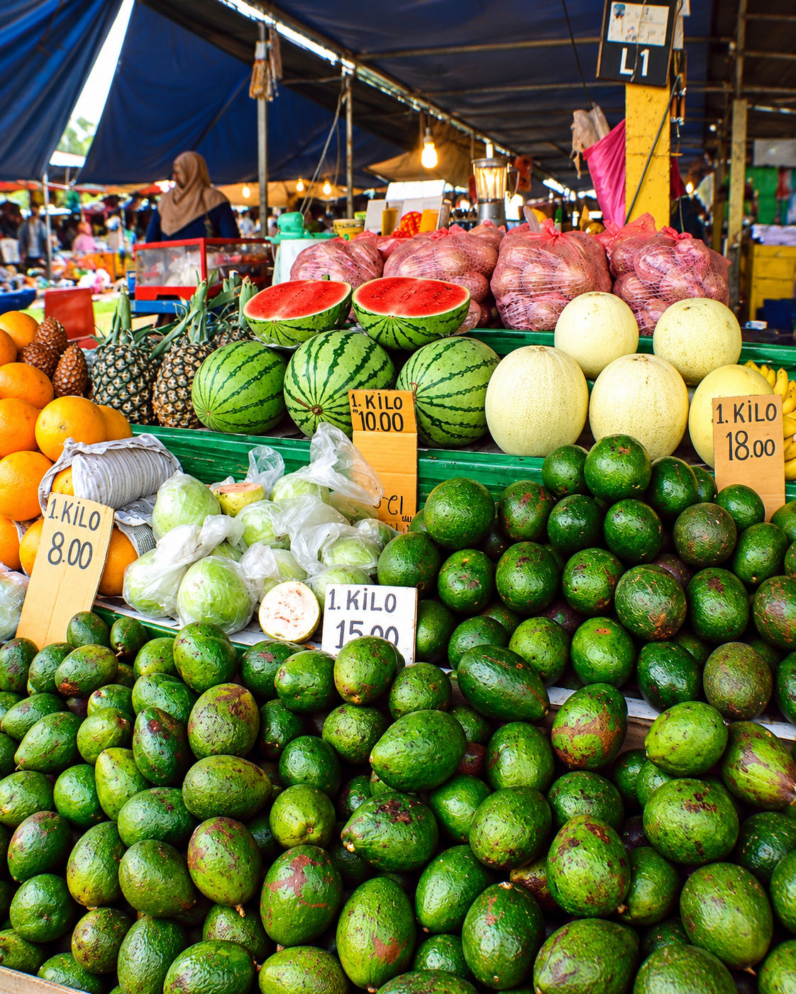 Rosi Ross exploring a local market in Sabah, Malaysian Borneo, featuring tropical fruits including watermelons, melons, and avocados.