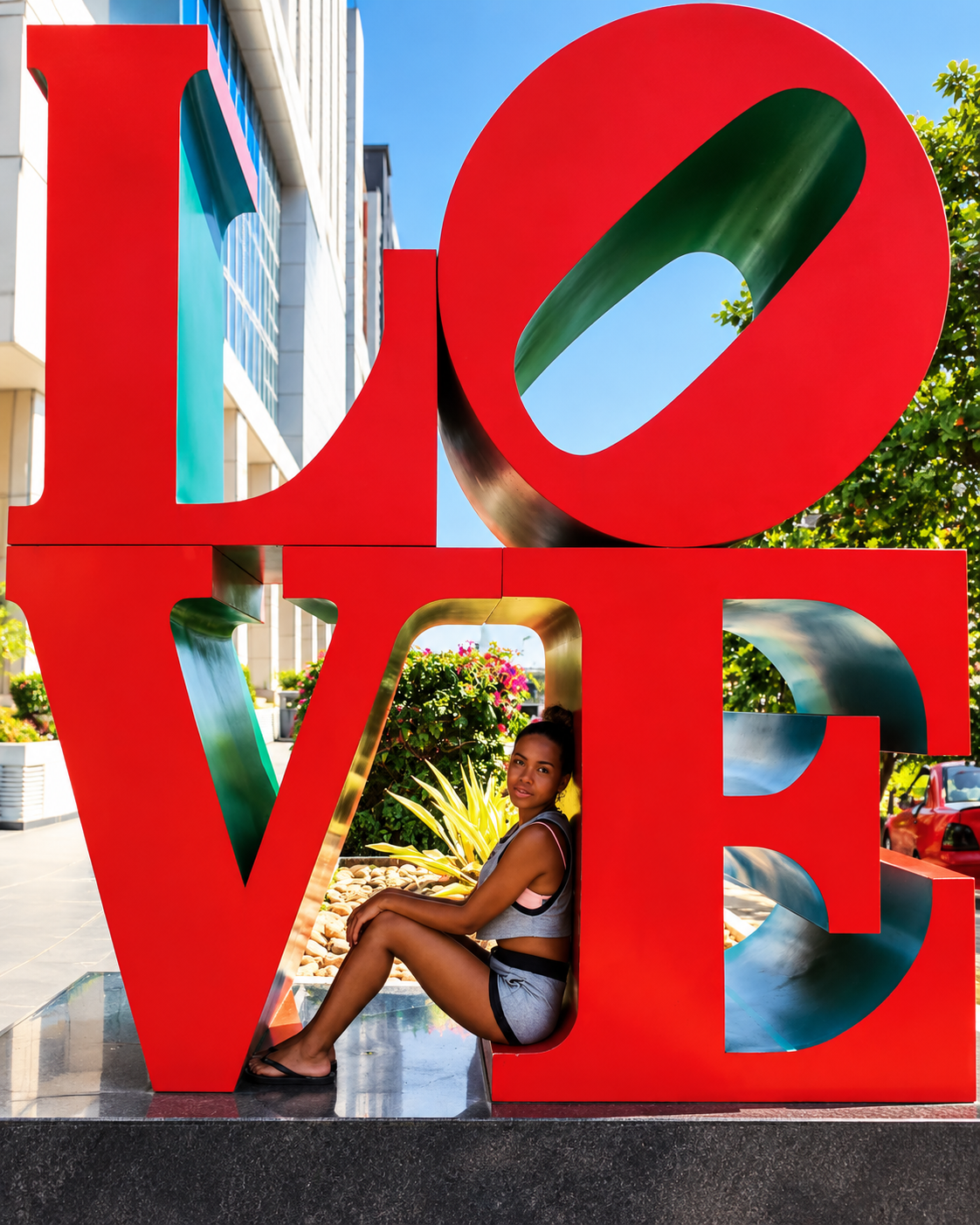 Rosi Ross posing inside a colorful LOVE art installation during her travels through Sabah, Malaysian Borneo.