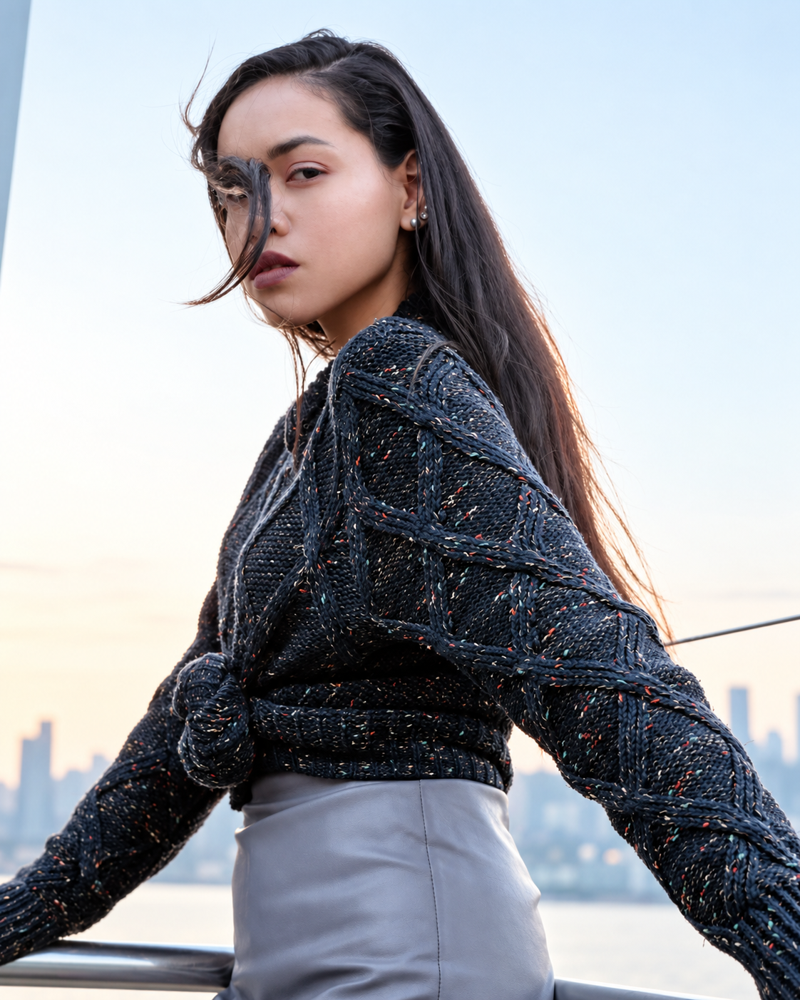 Rosi Ross wearing a textured dark jacket and white skirt during an urban fashion photoshoot in Hong Kong.