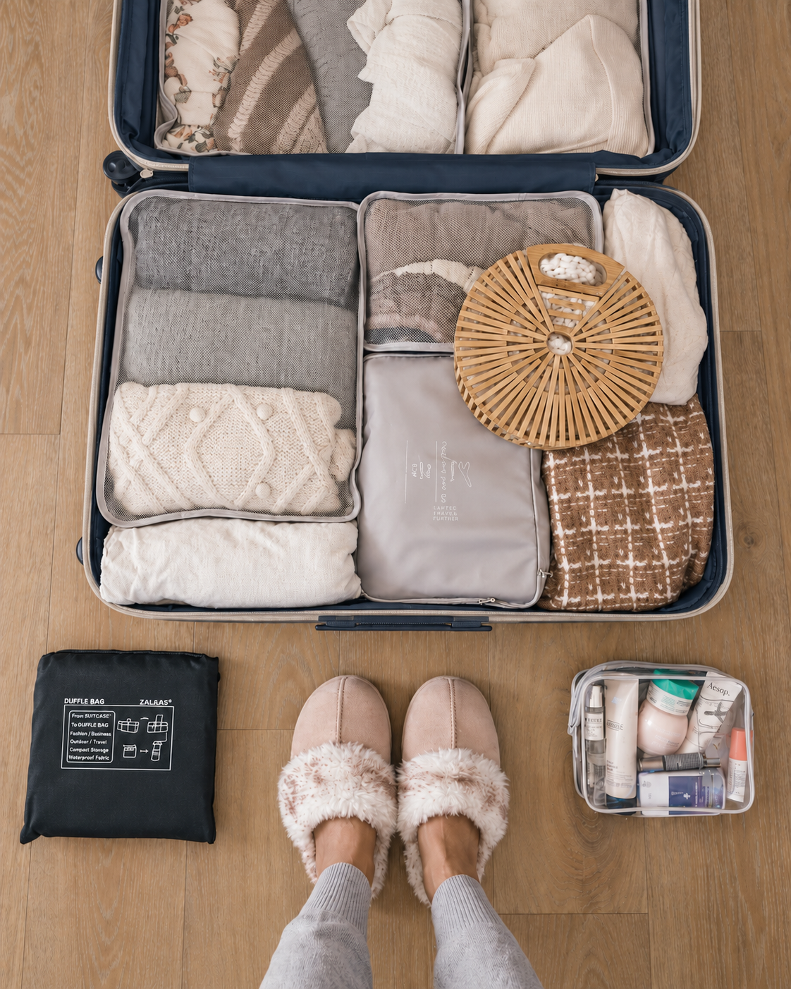 Organized suitcase with neutral clothing, travel essentials, accessories, and beauty products demonstrating the art of efficient packing.