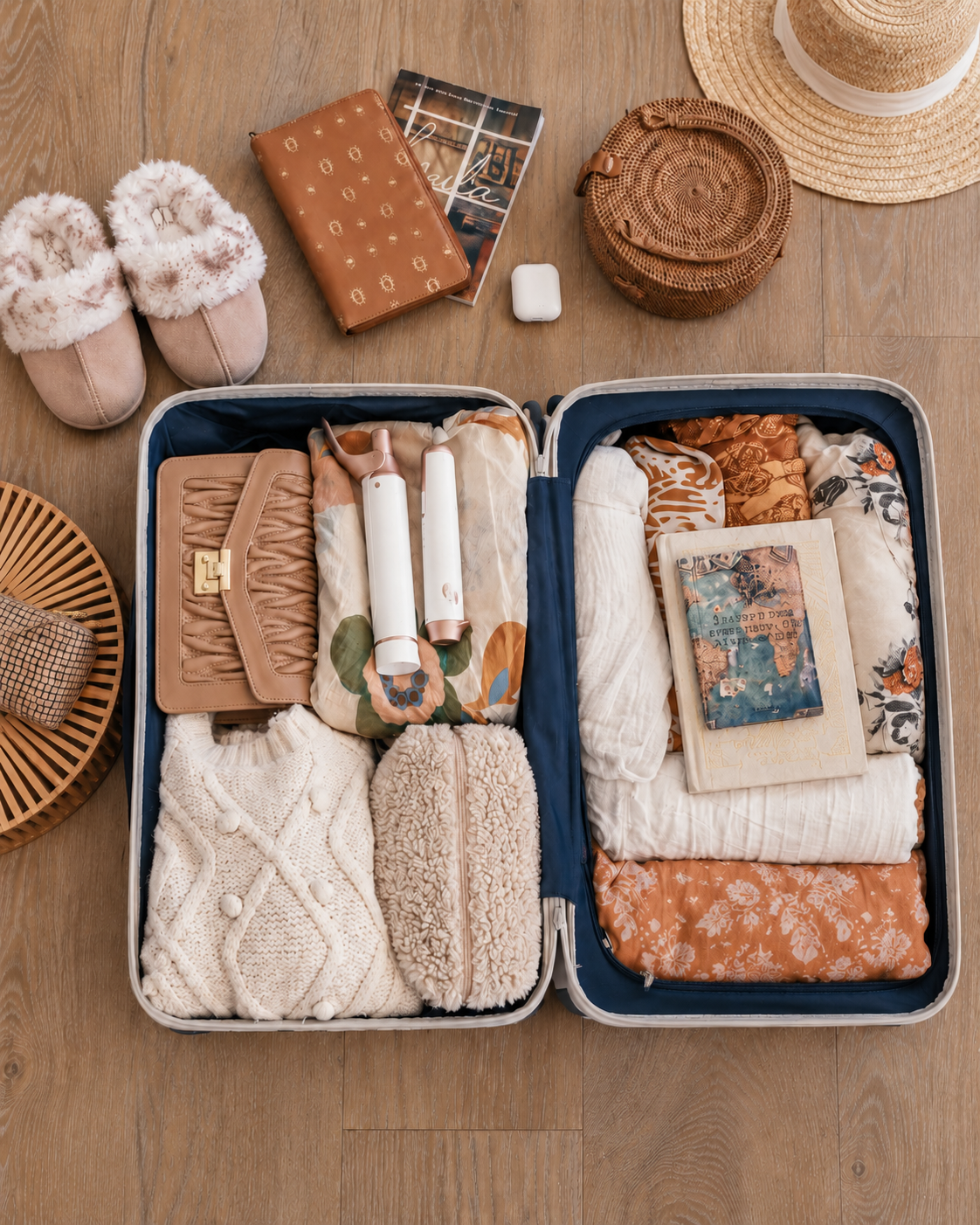 Open suitcase with neatly organized clothing, shoes, accessories, and travel essentials arranged for efficient packing.