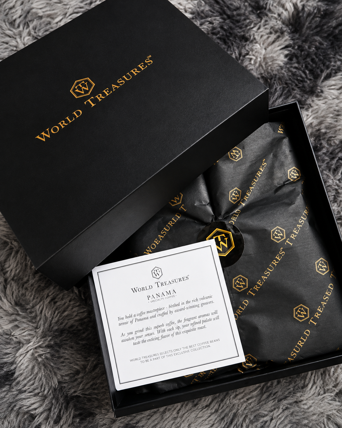 World Treasures luxury coffee gift box featuring premium specialty coffee and elegant presentation.