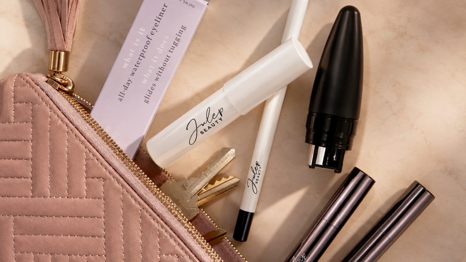 Rosi Ross editorial banner about Julep stick makeup, cream-to-powder technology, multitasking beauty, complexion sticks, eyeshadow sticks, makeup formulation, texture transformation, and long-wear cosmetics.