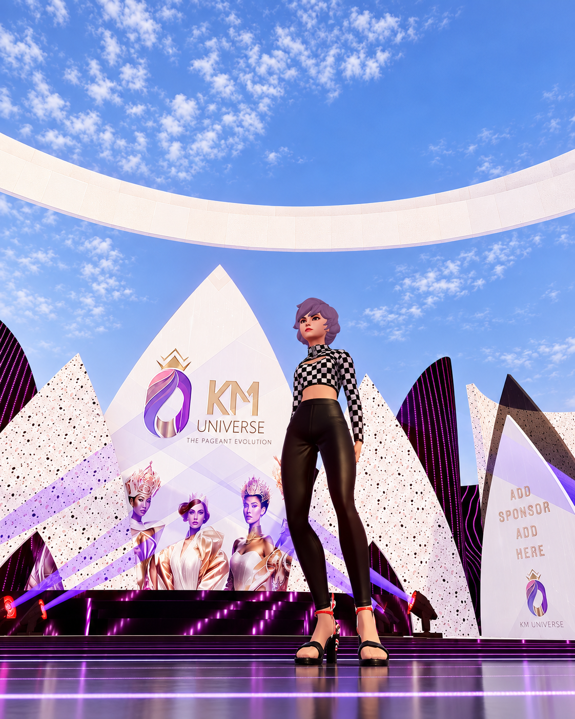 KM Universe metaverse avatar exploring a futuristic virtual world and immersive digital environment.