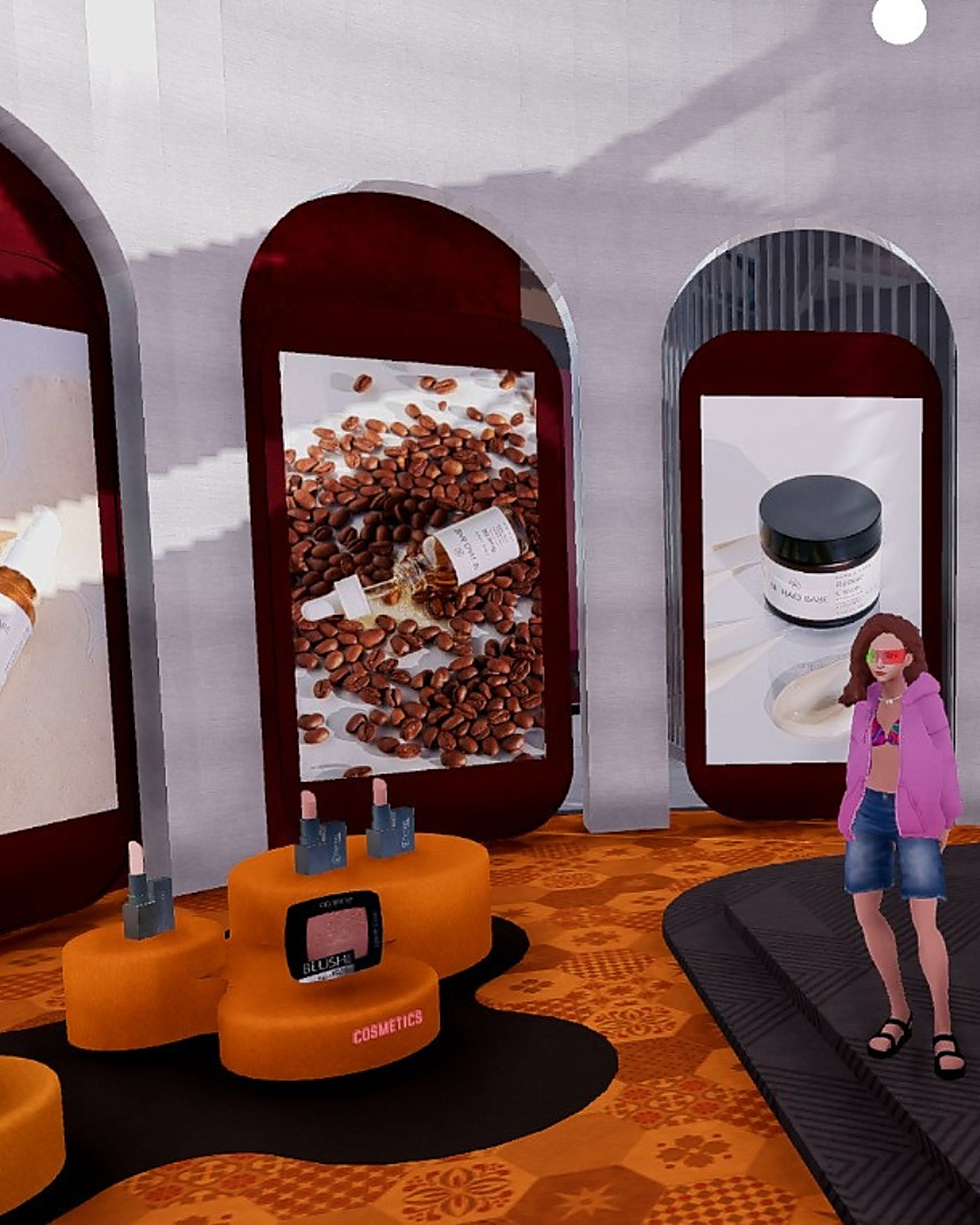 KM Universe virtual cosmetics showroom featuring interactive beauty product displays, skincare advertisements, orange exhibition platforms, and a digital avatar exploring the metaverse.