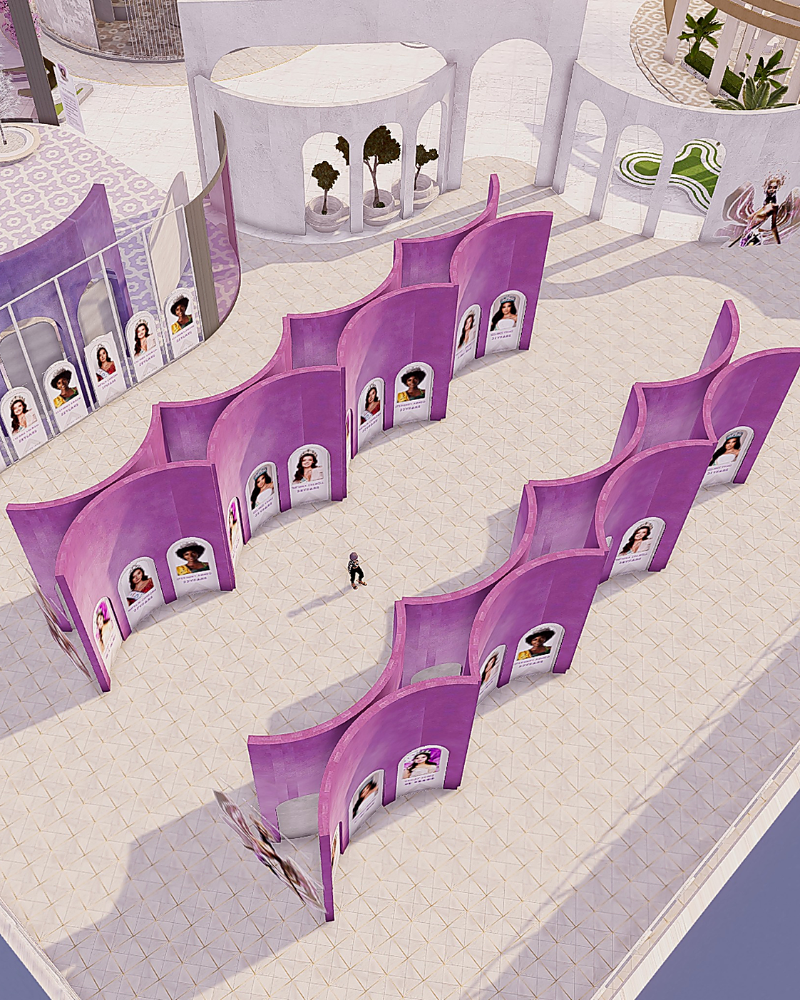 Aerial view of KM Universe's virtual beauty pageant exhibition featuring curved purple displays, digital contestant portraits, futuristic architecture, and an immersive metaverse environment.